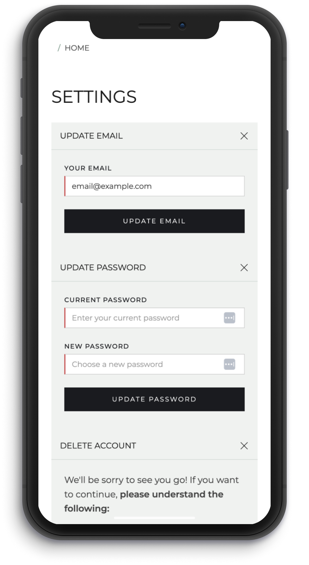 Adoreum small-screen UI Design - Settings