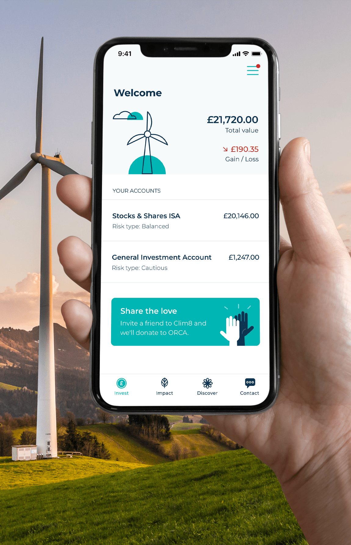 Clim8 Invest App displayed on iPhone screen
