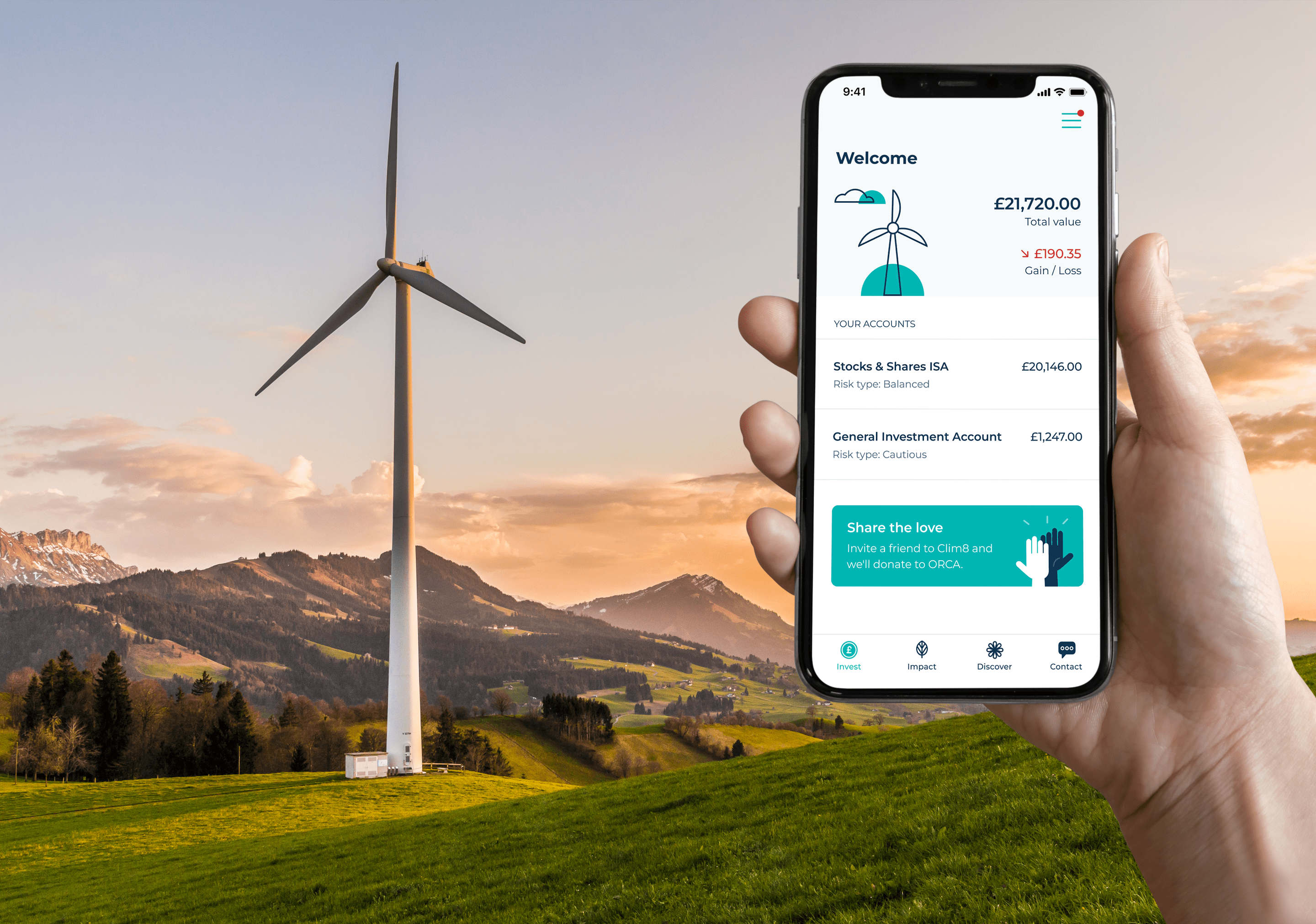 Clim8 Invest App displayed on iPhone screen