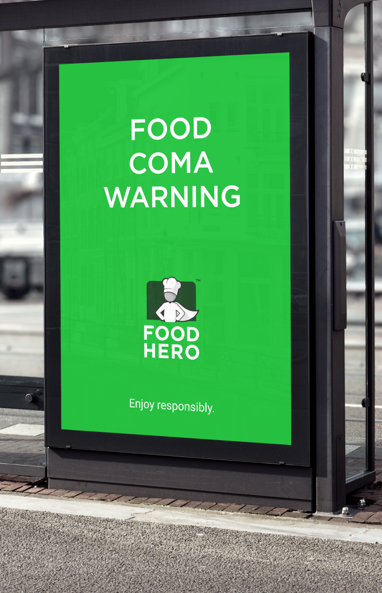 FoodHero advert displayed on a bus stop billboard