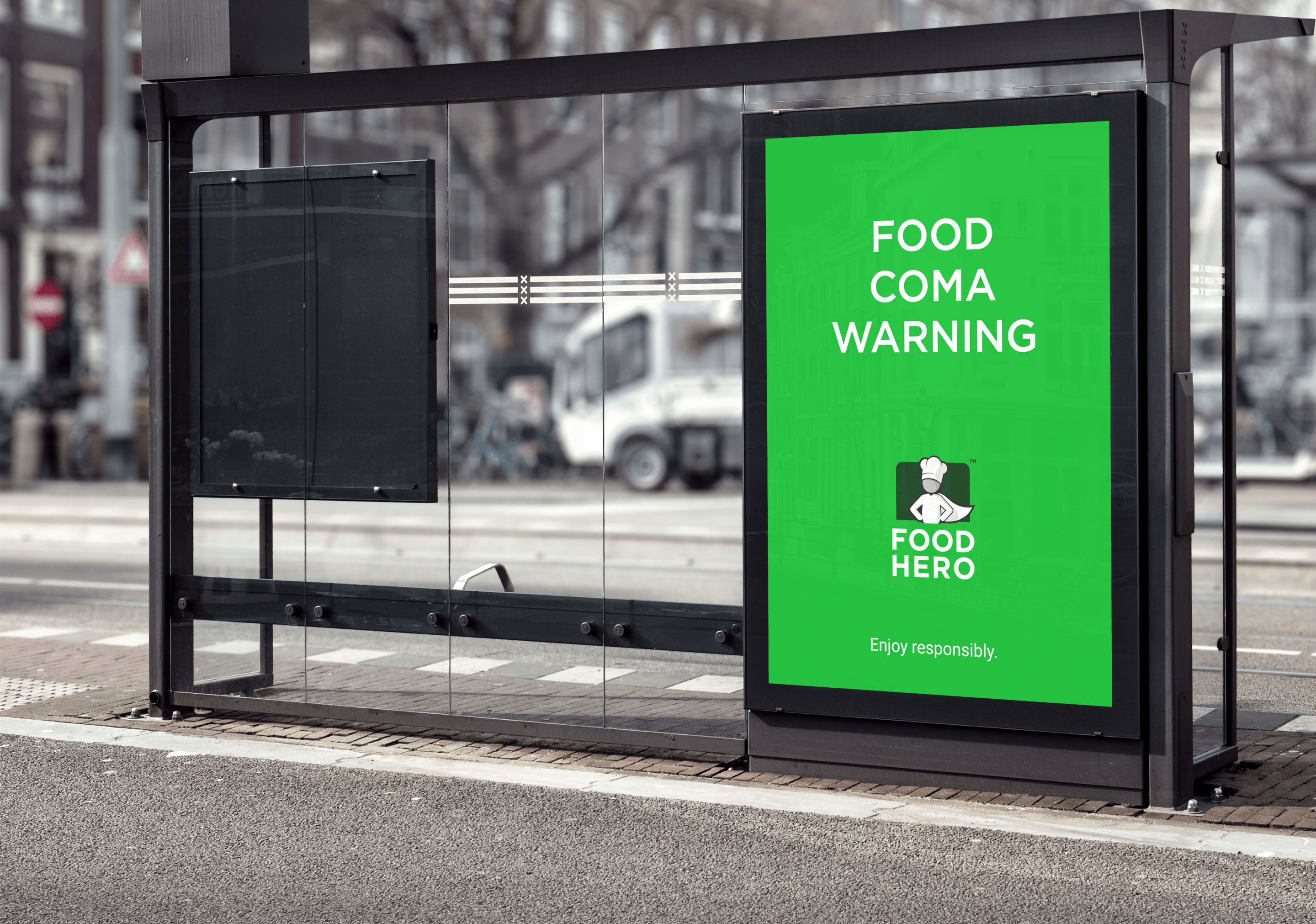 FoodHero advert displayed on a bus stop billboard